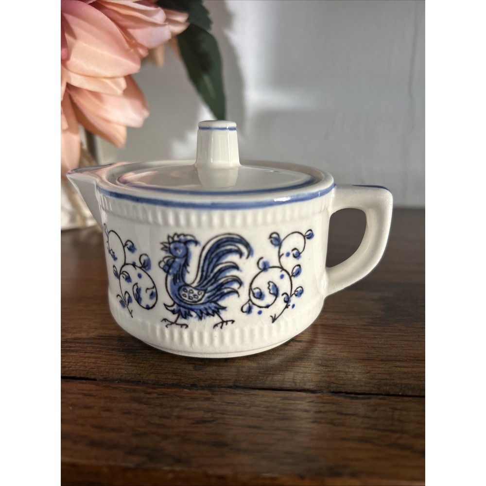 Vintage Blue Rooster Ceramic Mini Teapot with Lid Farmhouse Country Decor